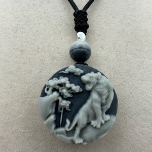 Tai Chi Stone Tiger Pendant Necklace with Silver Accent Bead on Adjustable Rope